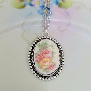 Yellow & Pink Roses Broken China Pendant Necklace